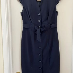Calvin Klein Dress  Navy Cap Sleeve Button Down Tie Waist Sheath 6P